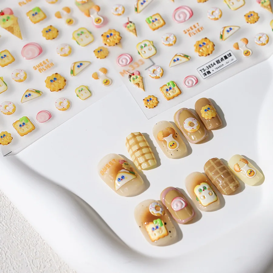 Lovely Sandwiches Donuts Ice Cream Cartoon 5D Embossed Reliefs Self Adhesive Nail Art Stickers Cute Desserts Manicure Decals