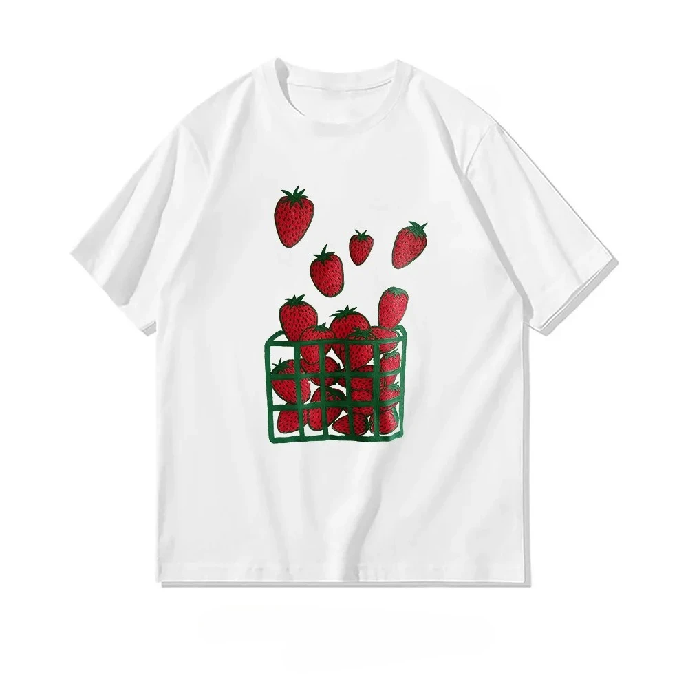 Strawberry Foodie Summer Tee Woman Graphic Print Adult O-neck Short Sleeve Breathable Top Lady High Quality Clearance Summer Tee