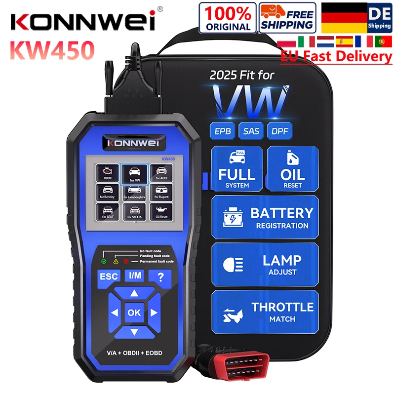 2026 KONNWEI KW450 Hochwertiges OBD2-Diagnosetool für alle Systeme von VW, Audi, SEAT, SKODA mit ABS, Airbag, Öl, EPB, DPF, SRS, TPMS Reset-Scanner und VAG COM-Funktion, kostenloser Versand