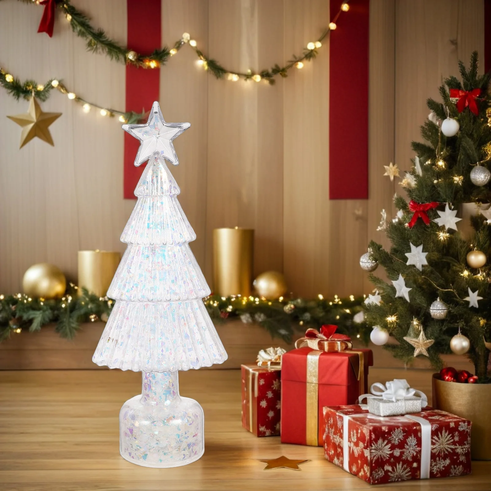 

Iridescent Christmas Tree Desktop LED Lights Star Top Small Night Lamp Indoor Tabletop Centerpiece Xmas Nursery Room Light