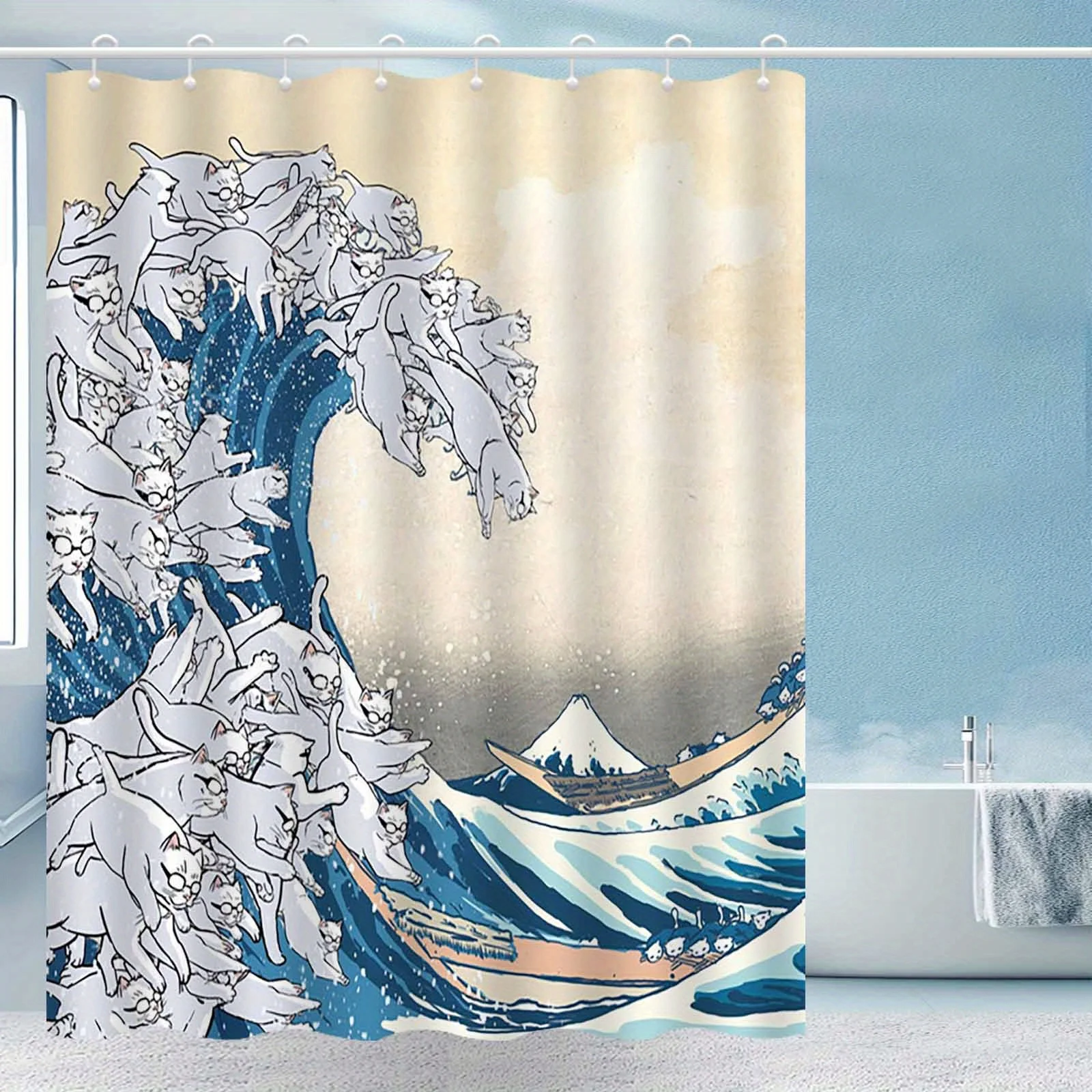 Funny Cat Shower Curtain Great Wave of Cats Japanese Print Art Humorous Animal Decor Waterproof Printed Bath Curtain Home Style