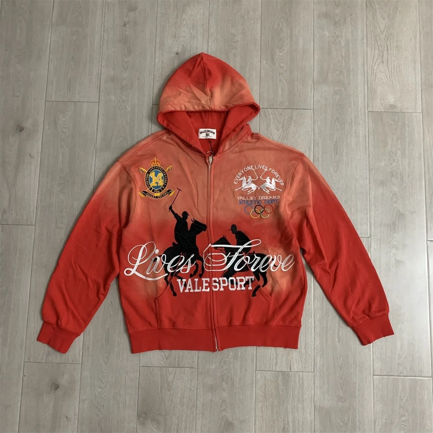 VALE FOREVER VALLEY Vintage Ripped Embroidered Letter Zip Up Hoodie, Unisex Loose Casual Zip Jacket