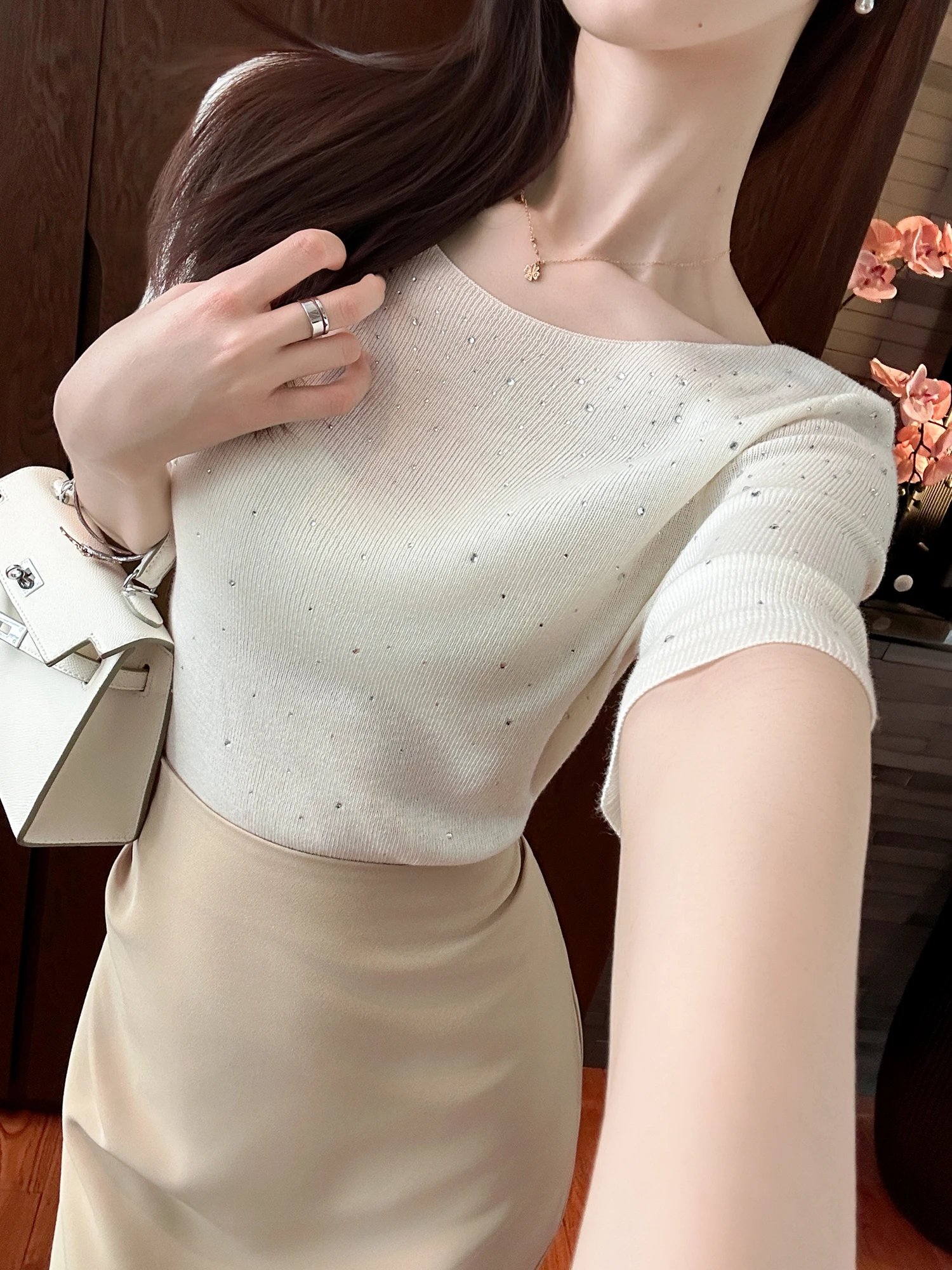 

You See Short Sleeve Knitted Shirt Sparkling Craftship Boat Neck Design Commute Friendly Fashion for Ladies Spring Season