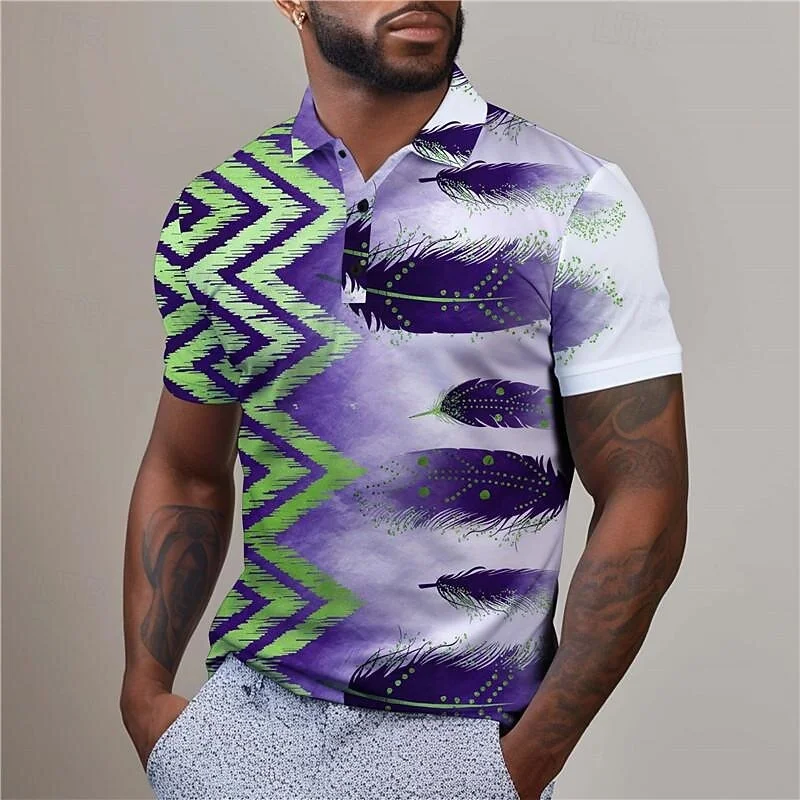 Summer Men's Collar Lapel Golf Optical Illusion 3D Feather Print Street Short Sleeved Printed Clothing Shirt