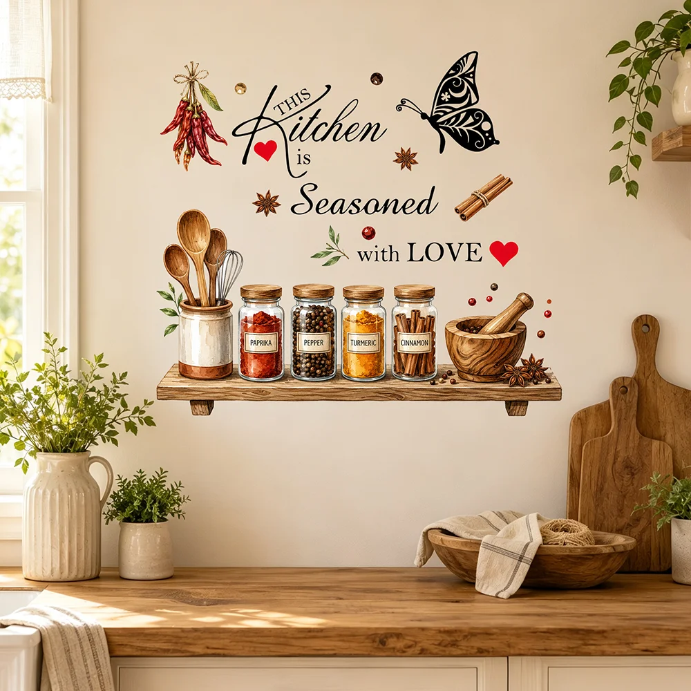 Rustic Kitchen Wall Decals This Kitchen Is Seasoned With Love Spice Jar Butterfly Wall Sticker Home Decor