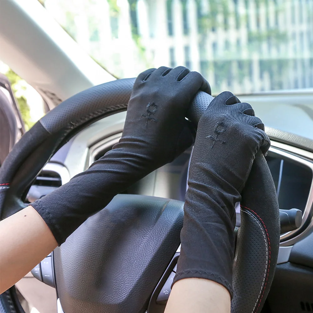 Women Thin Embroidered Resistant Breathable Mid-long Sunscreen Gloves Anti UV Mittens Driving Glove
