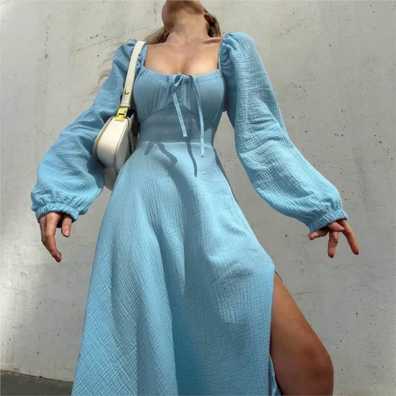 

Spring Autumn New Sexy Hem Slit Long Dress French Long Sleeved Square Neck Hollow Lace Up Frock Vestidos De Fiesta Elegantes