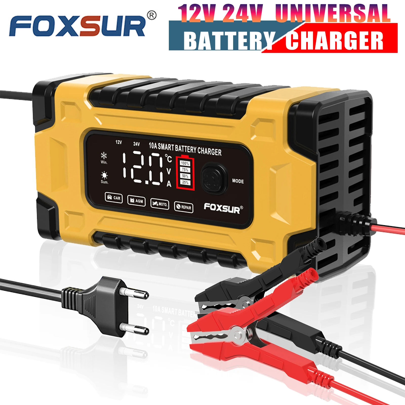 FOXSUR 10Amp Car Battery Charger for 12V 24V Motorcycle Automotive Lawn Mower RVs Boat for AGM Gel ATV Wet with Pulse Repair LCD