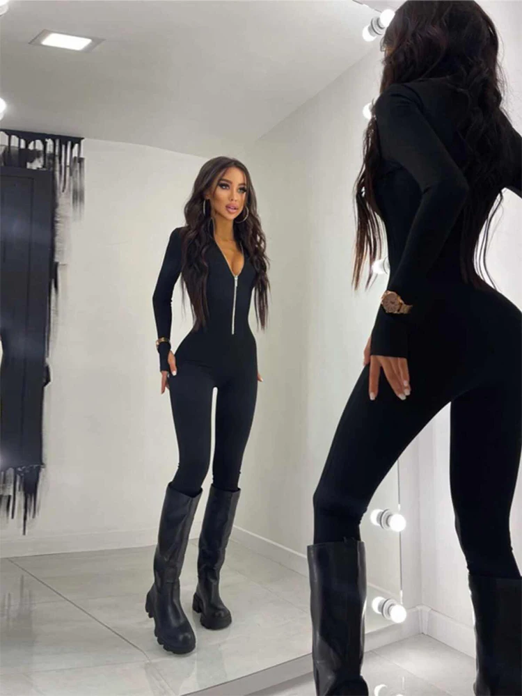 Women Clothing Black Bodycon Jumpsuit Zipper Fitness Rompers Long Sleeve Overall Bodysuit Outfit One Piece Gym Fitness Playsuit