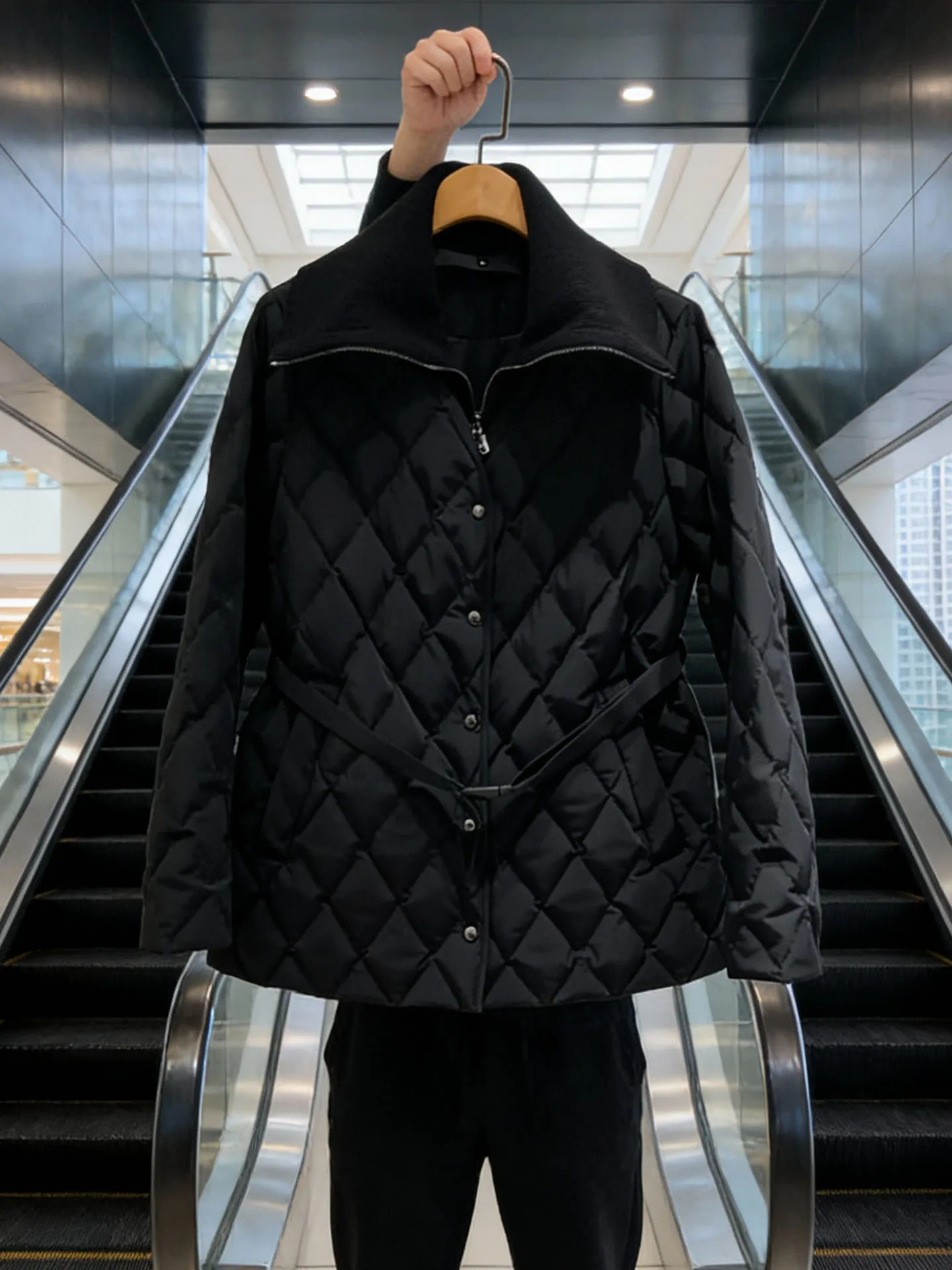 

Женская утепленная куртка Sli Knitted Bla с ромбовидным узором, подчеркивающая талию, в корейском стиле, для повседневной носки, с высокой талией, длинными рукавами