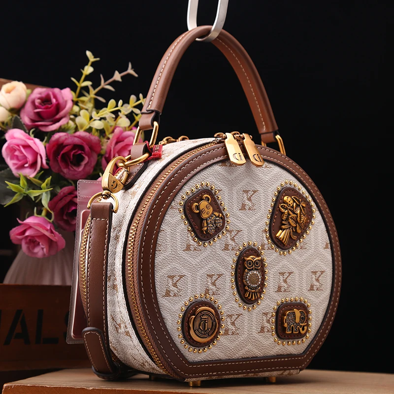 

Retro and Luxury Sequined Handheld Bag with Classic Printing 2025 New Fashion and Popular Shoulder Circular Handbag for Women