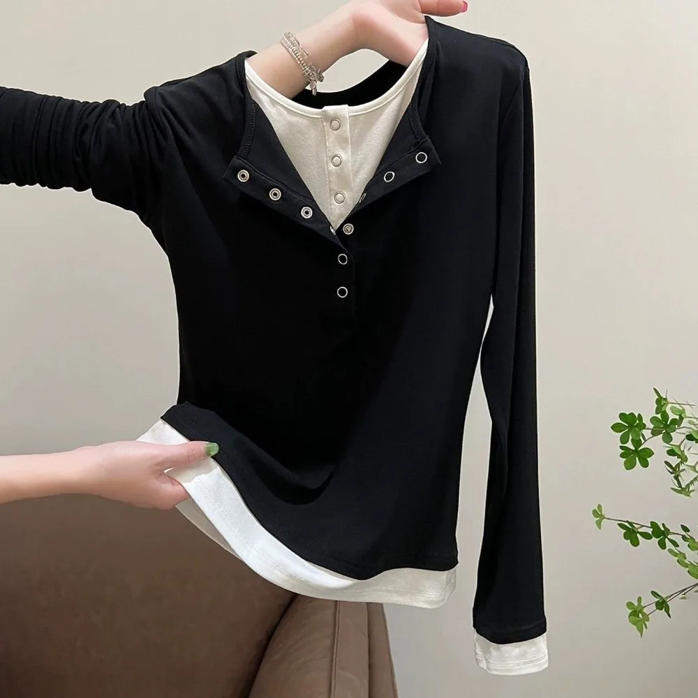 Spicy Girl V-Ausschnitt Langarm-Oberteil Patchwork Retro-Design Basic-Shirt Reverskragen Slim Fit Fake Zweiteiler T-Shirt Freizeitkleidung – Detail 2