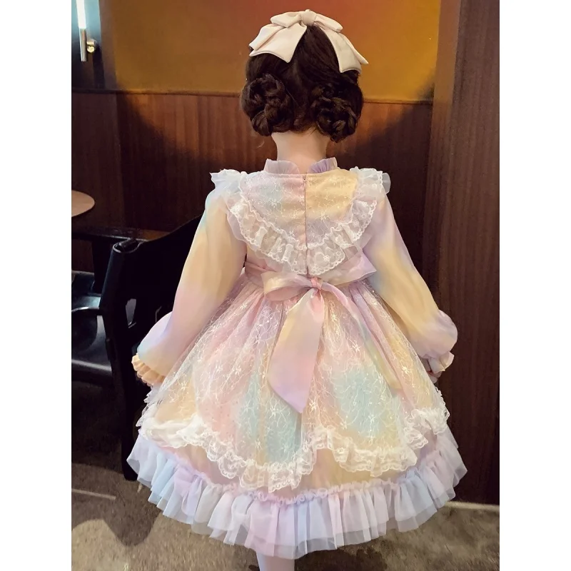 Girls' Senior Little Girl Autumn New Western Style Children's Fluffy Gauze Dress Rainbow Dress