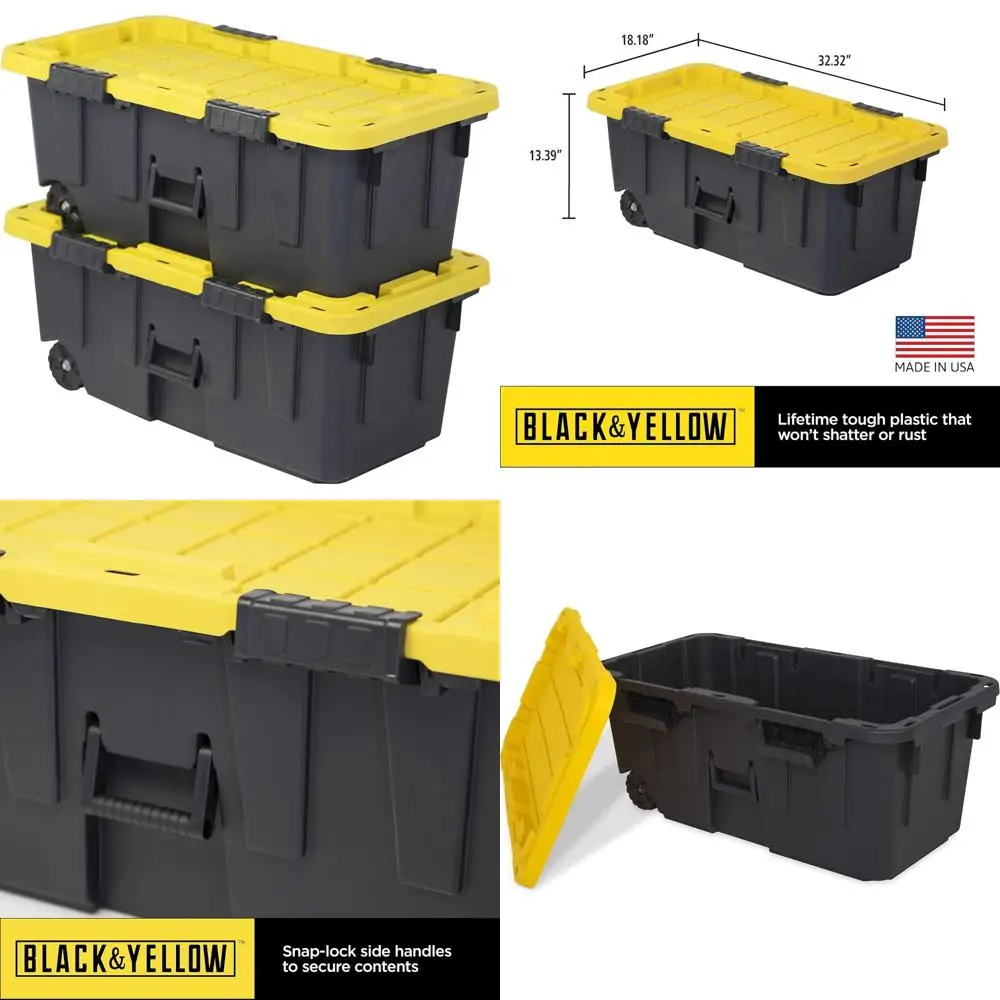 

Heavy-Duty 20-Gallon Storage Footlocker with Snap-Tight Lid, Weather-Resistant, Black and Yellow, 13.4H x 18.2W x 32.3D, Ideal f