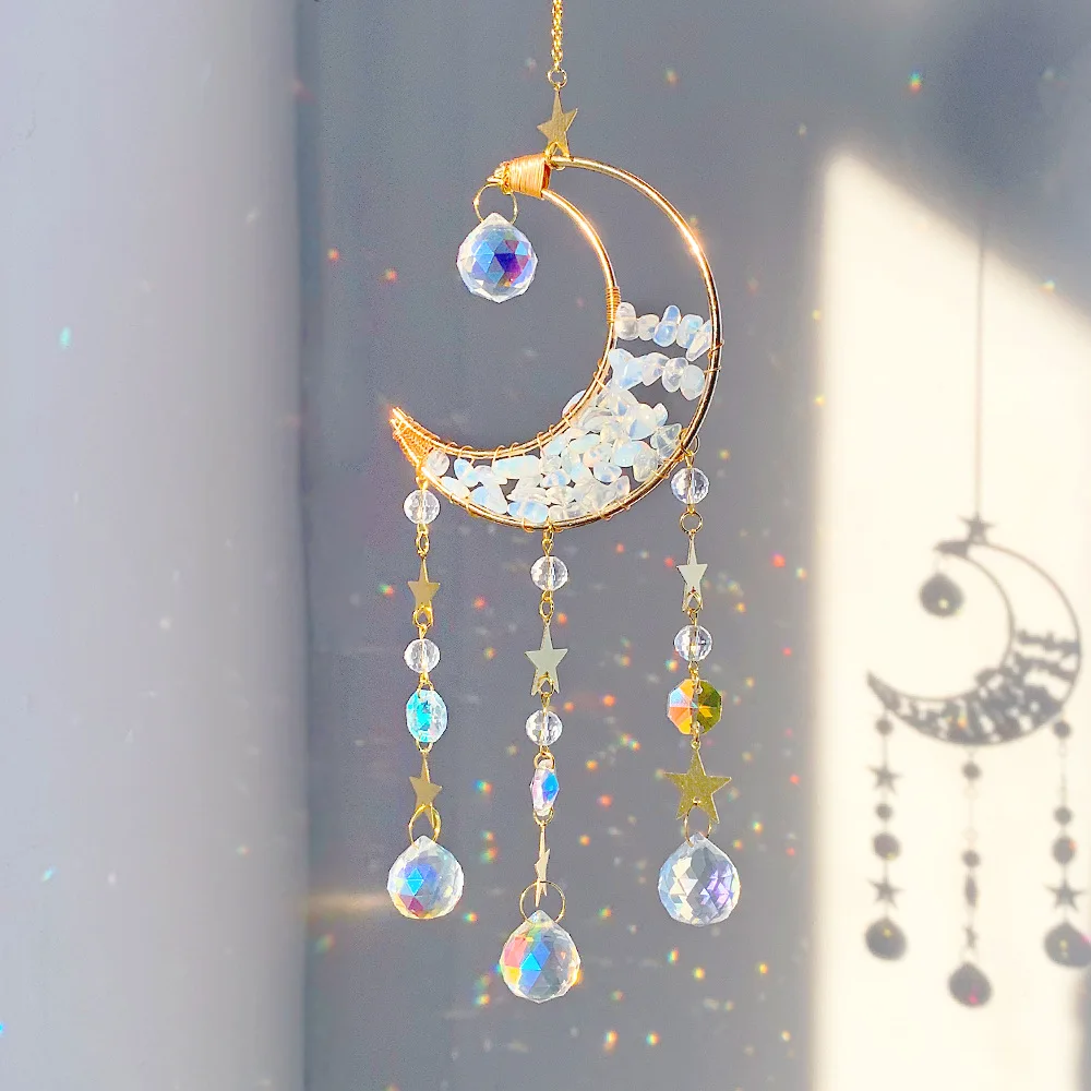 Custom Opal Chip Stone Crescent Moon Sun Catcher - Glass Pendants Hanging Ornament for Window Decor