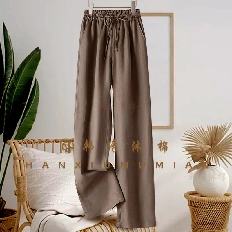 بنطلون صيفي جديد فضفاض وواسع الساق بلون سادة من القطن والكتان مع خصر مطاطي ورباط للسيدات