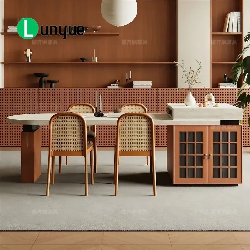 Retro Rock Slab Island Dining Table Retractable Bauhaus Style Antique Design Compact Size for Apartment Home Restaurant Space