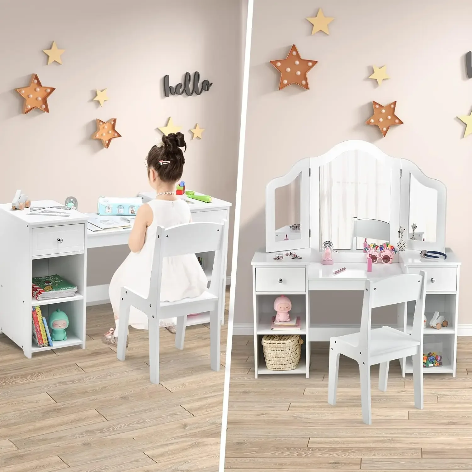 Kids Vanity, 2 in 1 Princess Makeup Desk & Chair Set with Tri-Folding Detachable Mirror, Large Storage Shelves,  Dressing Table