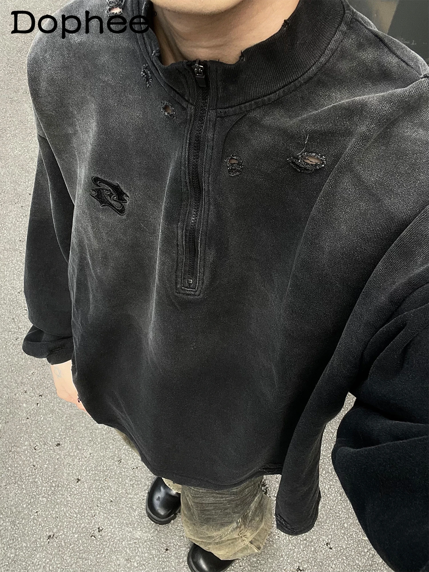 

Vintage Distressed American Style Washed Zipper Stand Collar Ripped Loose Sweatshirt Unisex Spring Round Neck Long Sleeve Jacket