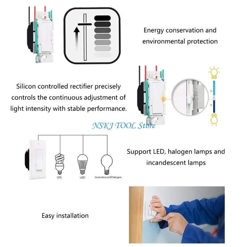 L8RC Thin Profile LED Dimmer Switches 125V 600W Capacity Brightness Adjustment Easy installs Thin Dimmer For Home Lighting