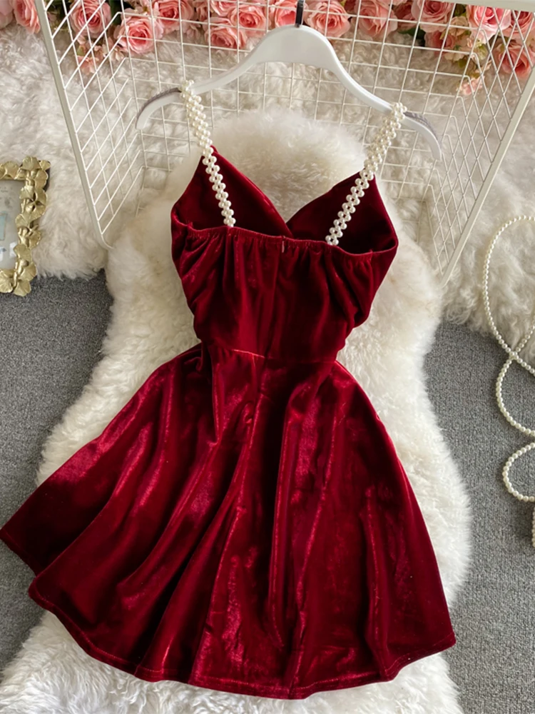 Women\'s Christmas Red A-line Mini Evening Velvet Dress Vintage Off Shoulder Luxury Dresses Y2k One Piece Frocks 2000s Clothes