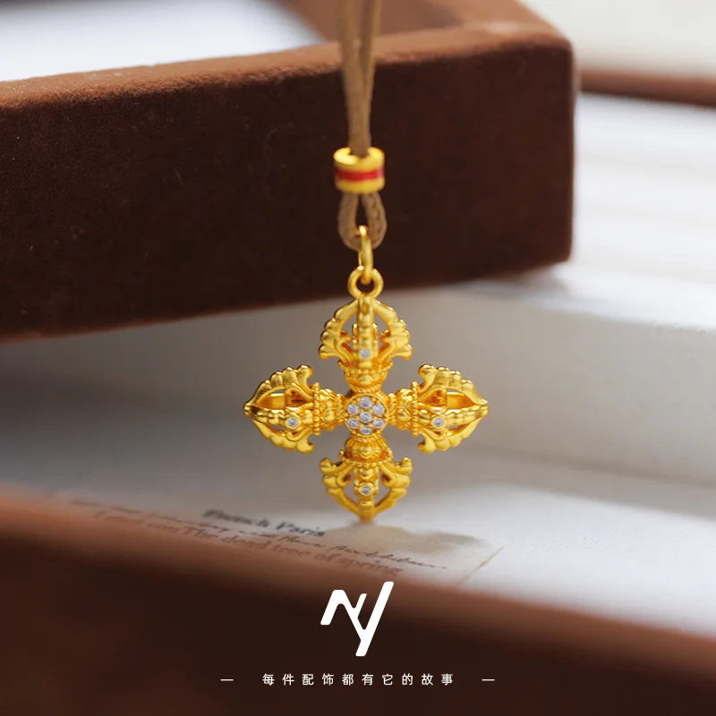 True gold 999 True Gold 999 Light luxury court style Ancient Method gold Cross Vajra Pendant Inlaid Moissanite Vajra pendant nec