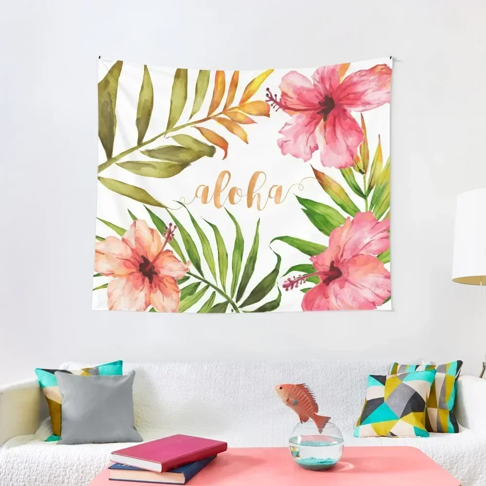 

Aloha Tropical Hawaiian Floral Watercolor Tapestry Room Decor Aesthetic House Decorations Decorative Wall Tapestry