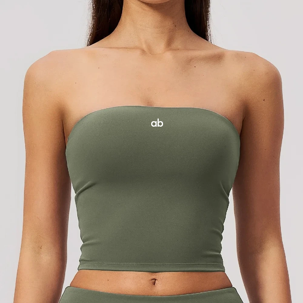 Women Strapless Backless Sports Bra Padded Push Up Shockproof Breathable Tube Crop Top Solid Yoga Gym Activewear