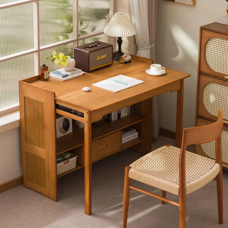 مكتب من الخشب الصلب، مكتب كتابة منزلي، طاولة قابلة للطي مع مساحة تخزين