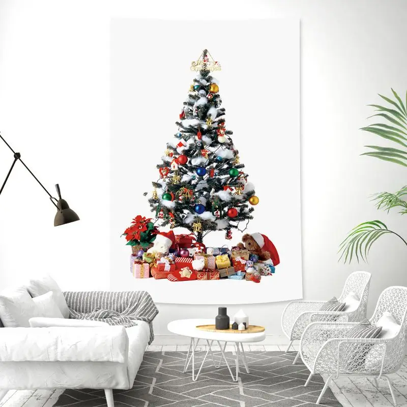 VIKAMA Wall Tapestry Christmas Tree Gold Tinsel Red White Ornaments Modern Wall Hanging Home Decor Living Room Bedroom Aesthetic
