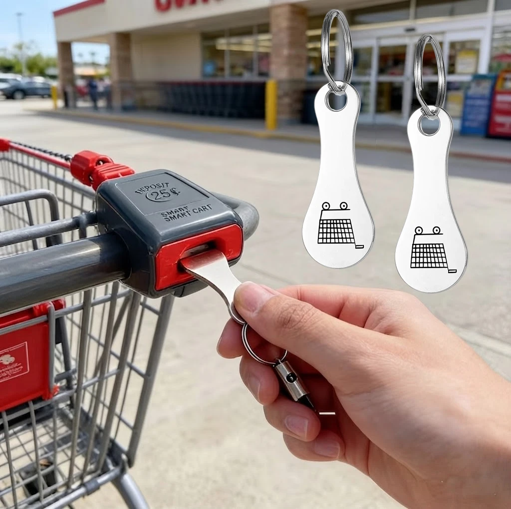 2Pcs Stainless Steel Portable Shopping Cart Token Keychain Portable Keyring Metal Trolley Opener Supermarket Unlocking Tool