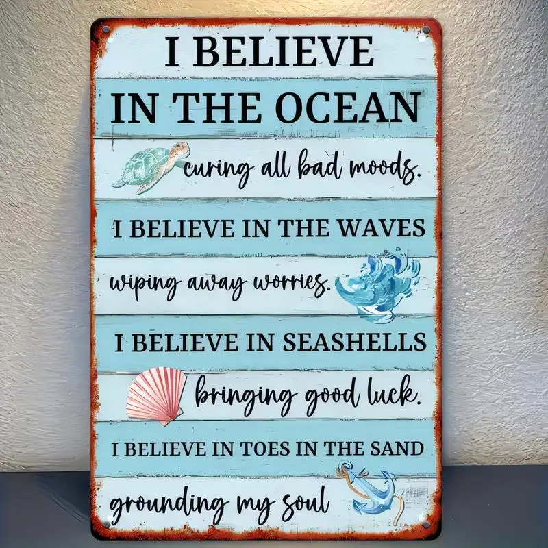Vintage Coastal Ocean Metal Sign - Turtle, Waves, Seashells Design, Blue-White Iron Wall Art with Inspirational Quotes, Perfect