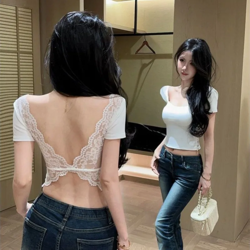 Sexy Lace Backless Padded Crop Top for Women Summer Short Sleeve Slim Fit Going Out Blouse Hot Girl Tee with Built-in Bra