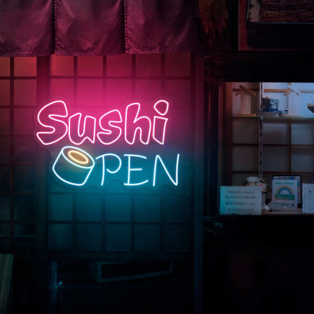 

Открытая светодиодная неоновая вывеска для суши на заказ, японский декор для ресторана суши, рулон неонового света, украшение для дома, кухни, стены, вывеска открытой еды