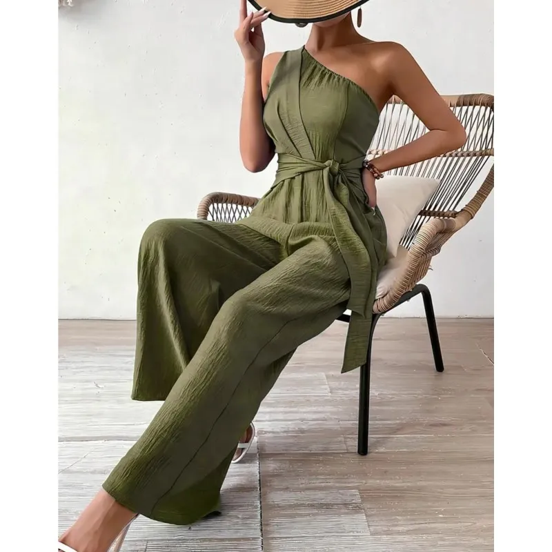 

New Casual Fashion Sexy Slim Jumpsuit Sleeveless One Shoulder Lace-up Women Wide-leg Pants Summer New Solid Female Jumpsuit 2025