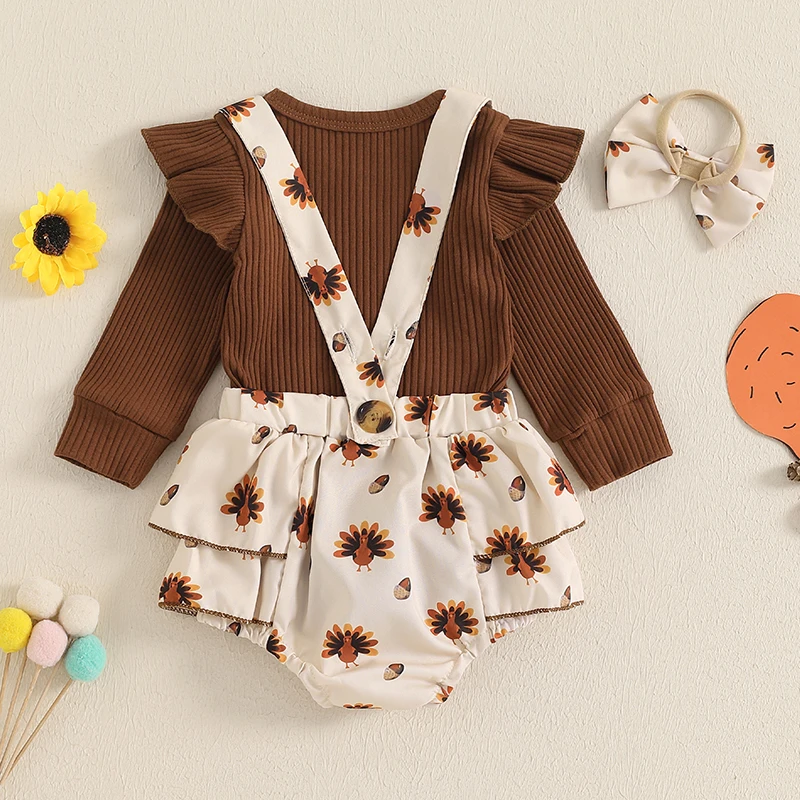 Baby Girls Thanksgiving Set Long Sleeve Ruffled Ribbed Romper Turkey Print Overall Culottes Bow Headband Outfits