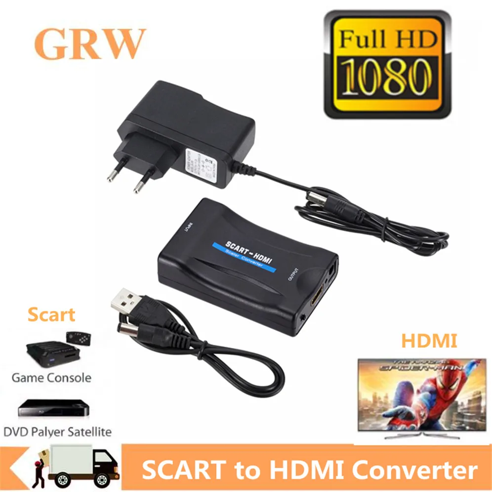 Grwibeou 1080P SCART To HDMI-Compatible Video Converter Adapter for HDTV DVD for Sky Box STB Plug and Play With DC Power Adapter