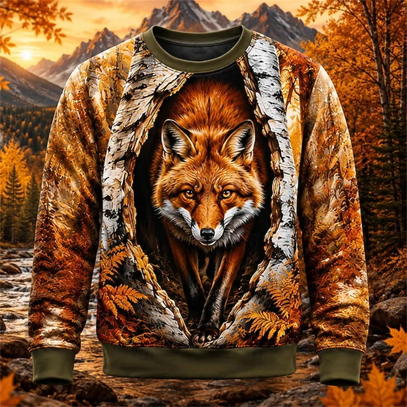 Fashion Animals Graphic Sweatshirt 3D Print Winter Mountain Forest Graphic Crew Neck Long Sleeve Pullover Unisex Casual Xmas Top