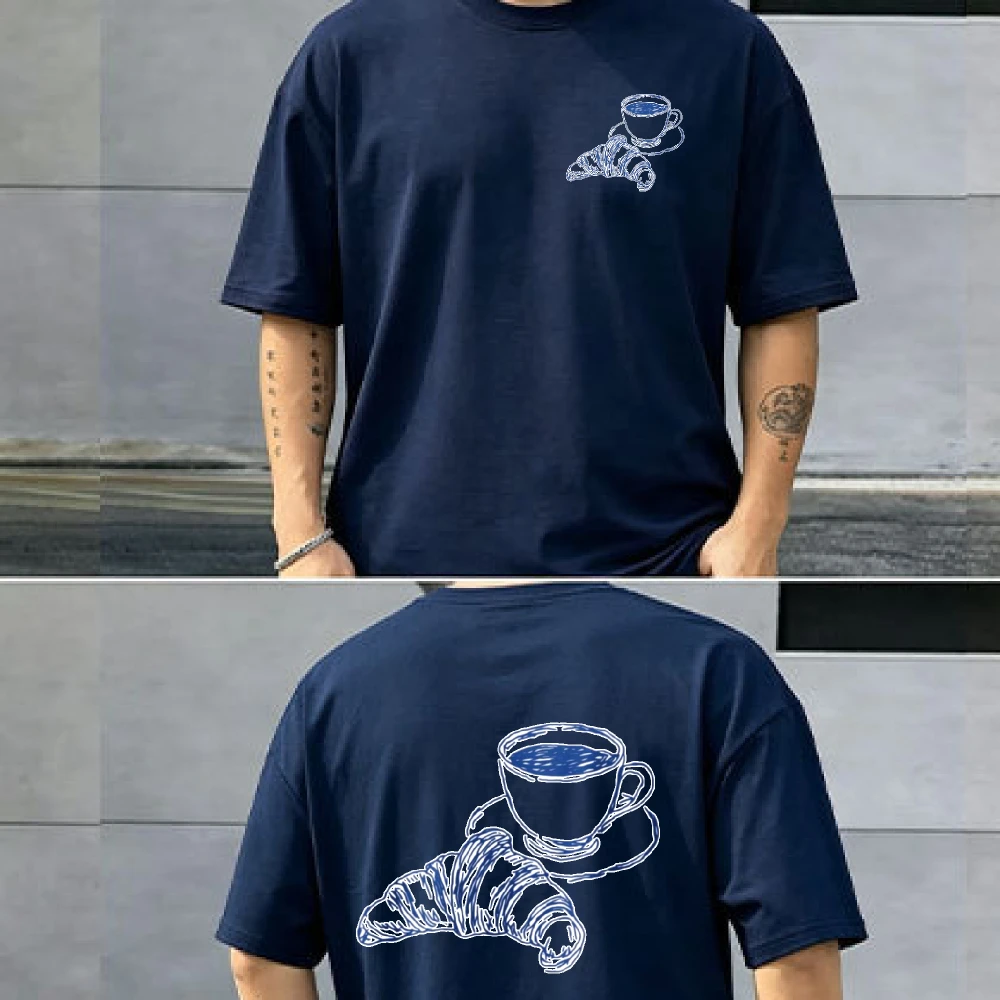 Blue Line Sketch Coffee Cup and Croissant Bread Print T Shirt  Cotton Tee French Breakfast Food Minimalist Art Casual Aesthetic