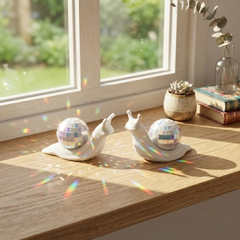 2Pcs Snail Disco Ball Sun Catcher, Indoor Windowsill Light Creative Desktop Decor for Living Room Kitchen Bedroom Dining