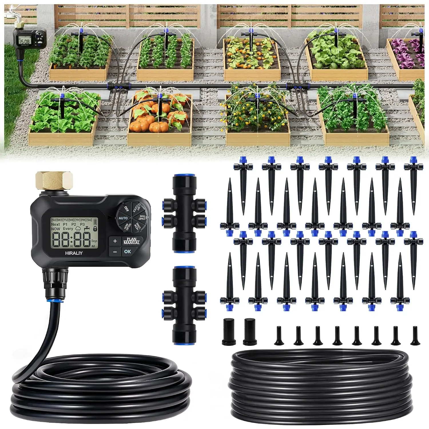 100FT Drip Irrigation Kit with Timer - Automatic Watering System, Quick-Connect, 24 Adjustable Drippers for Garden