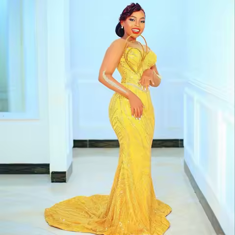 Bright Yellow Prom Dress Mermaid Beading Aso Ebi Long Sleeves Evening Dress Illusion Trumpet African Formal Dresses Sequin