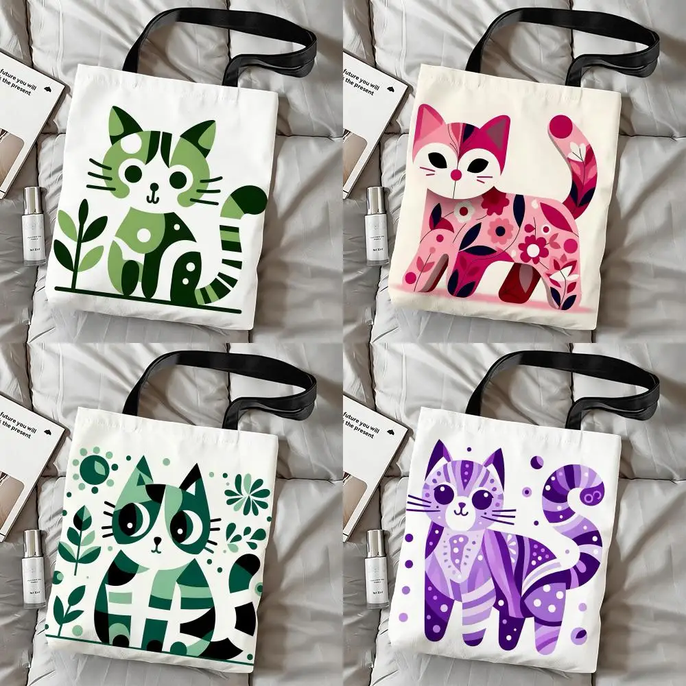 Modern Art Cat Pattern Storage Bags Double-Sided Print Canvas Tote Bag Fashion Large Capacity Women's Shoulder Handbag