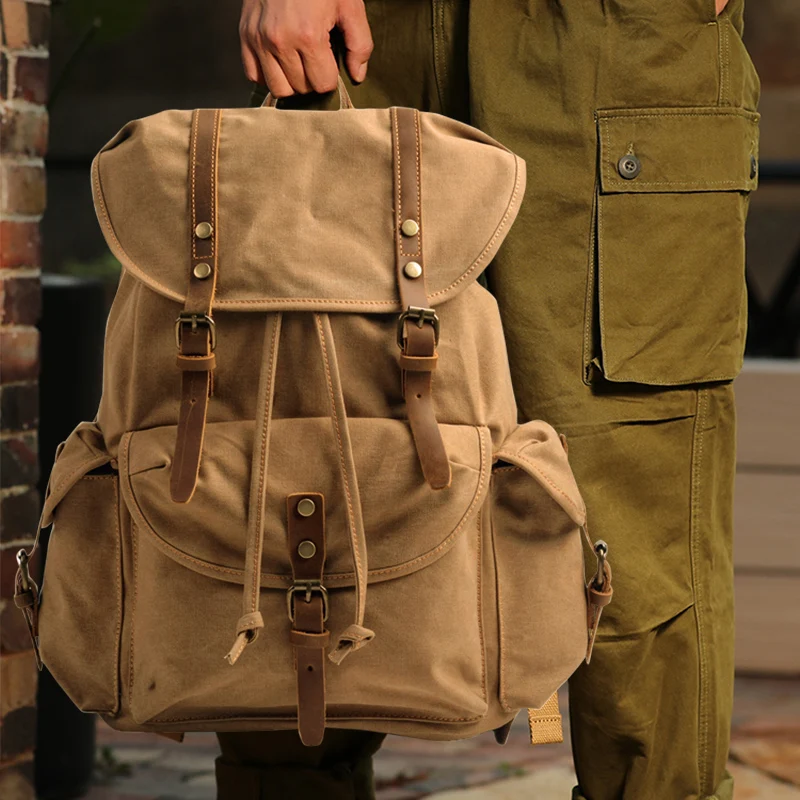 Vintage Outdoor Men Rucksack Canvas Bag Crazy Horse Leather Travel Backpack Waxed Canvas Waterproof Laptop Rucksacks Mochilas