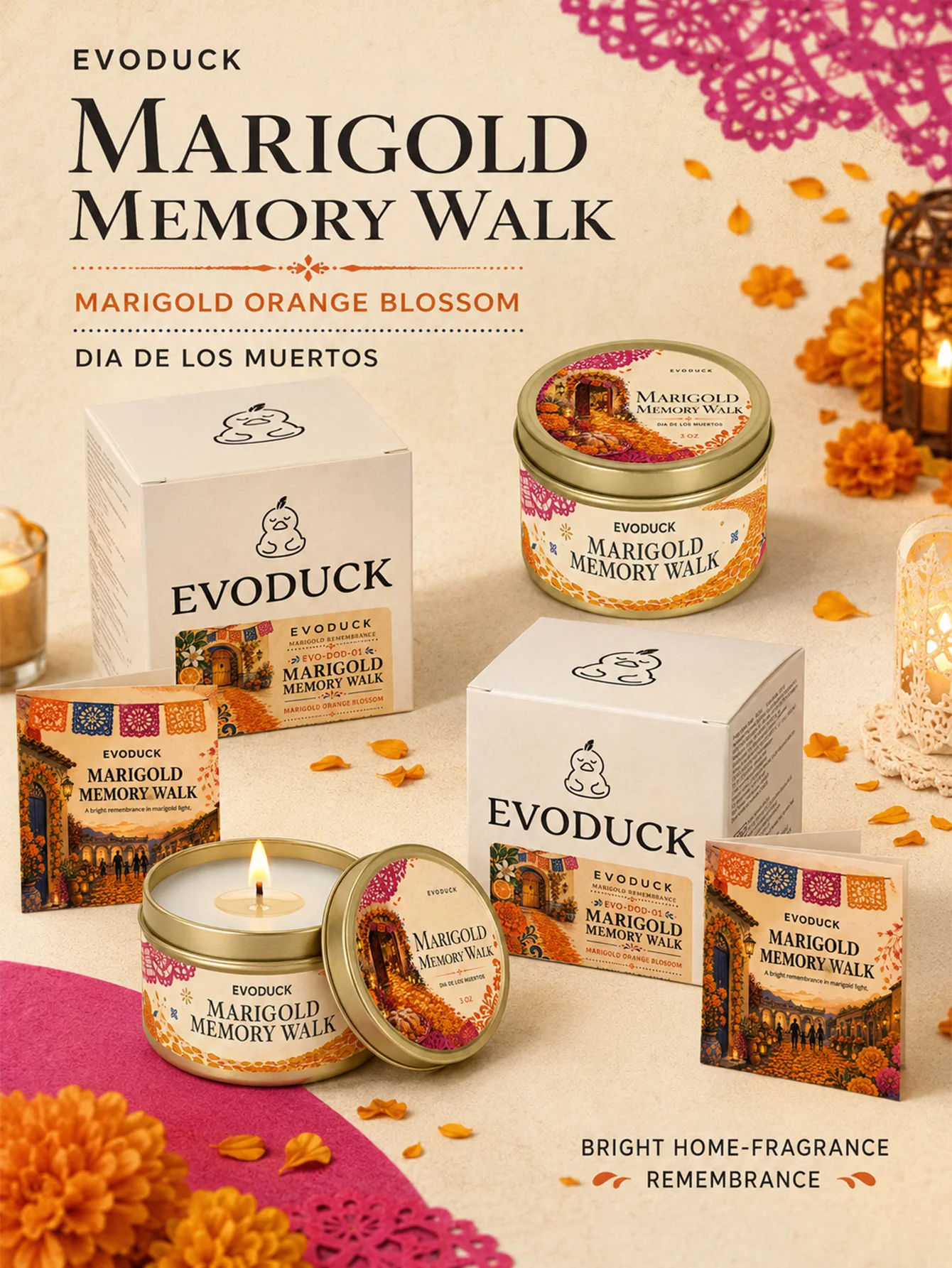 Marigold Orange Blossom Scented Candle 3oz Tin Dia De Los Muertos Day of the Dead Ofrenda Altar Memorial Candle Cempasuchil Gift