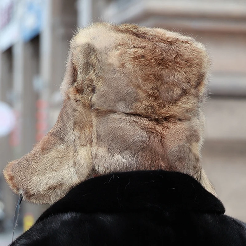 Gorro de bombardero grueso y cálido para hombre, gorros de invierno con orejeras de piel de conejo Real, gorra rusa de esquí de talla grande