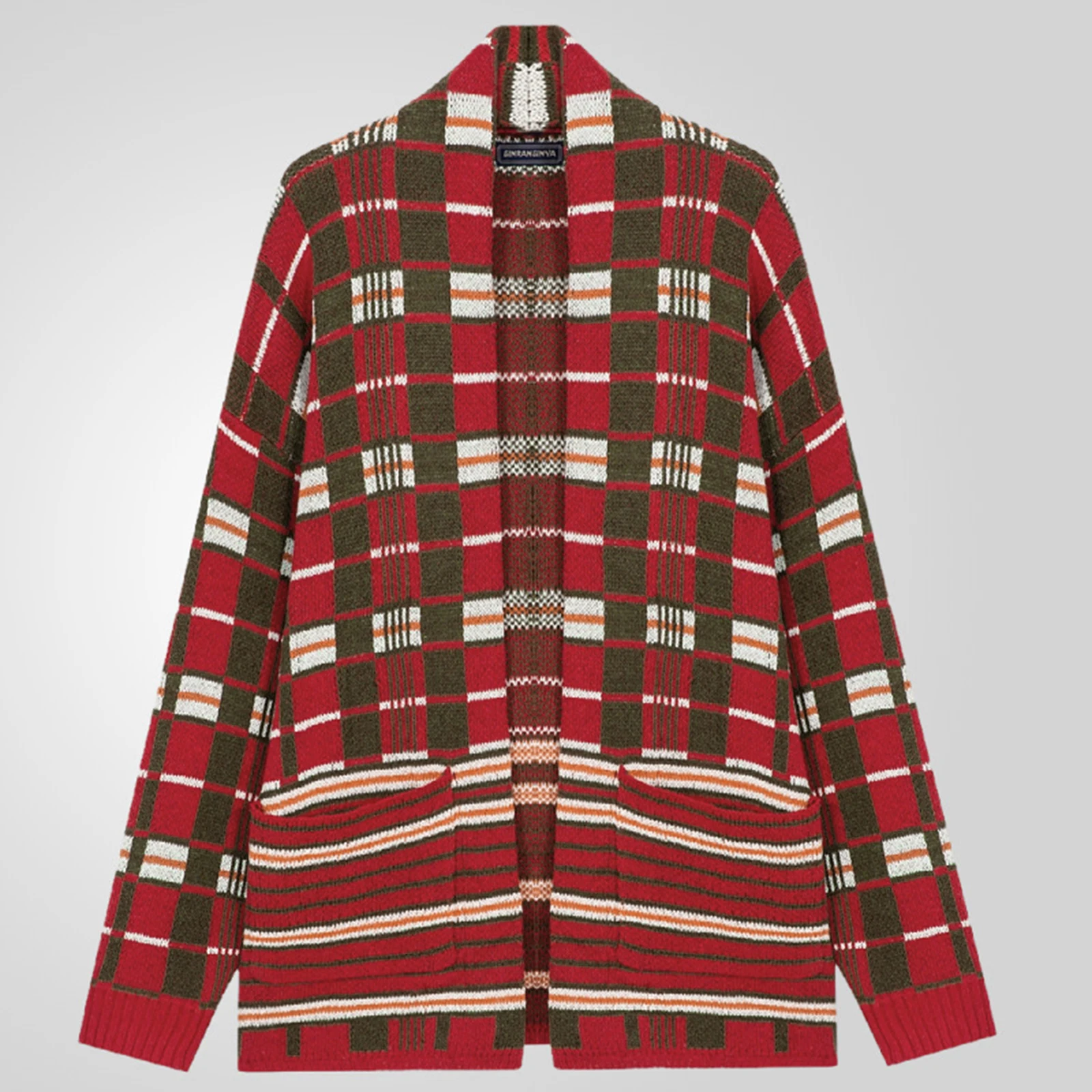 الرجعية المرأة الخريف الشتاء سترة سترة طويلة الأكمام مفتوحة الجبهة منقوشة طباعة تريكو