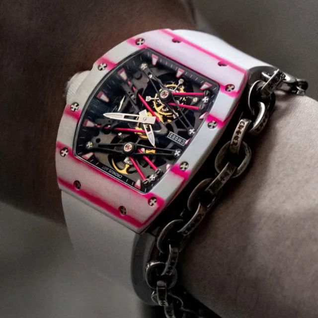 CRONUSART Men Tourbillon Watch 50mm Tonneau Mechanical Wristwatch Carbon Fiber Case Luminous Fluororubber Strap Skeleton Dial