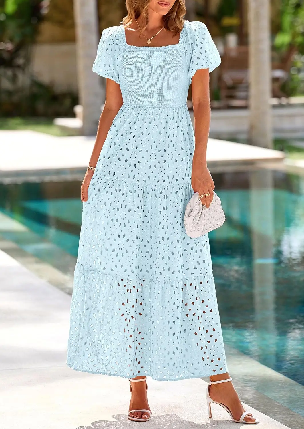 Abiti estivi da donna 2025 Abito lungo con occhielli e collo quadrato, maniche a sbuffo, smock, per invitati al matrimonio, con tasche