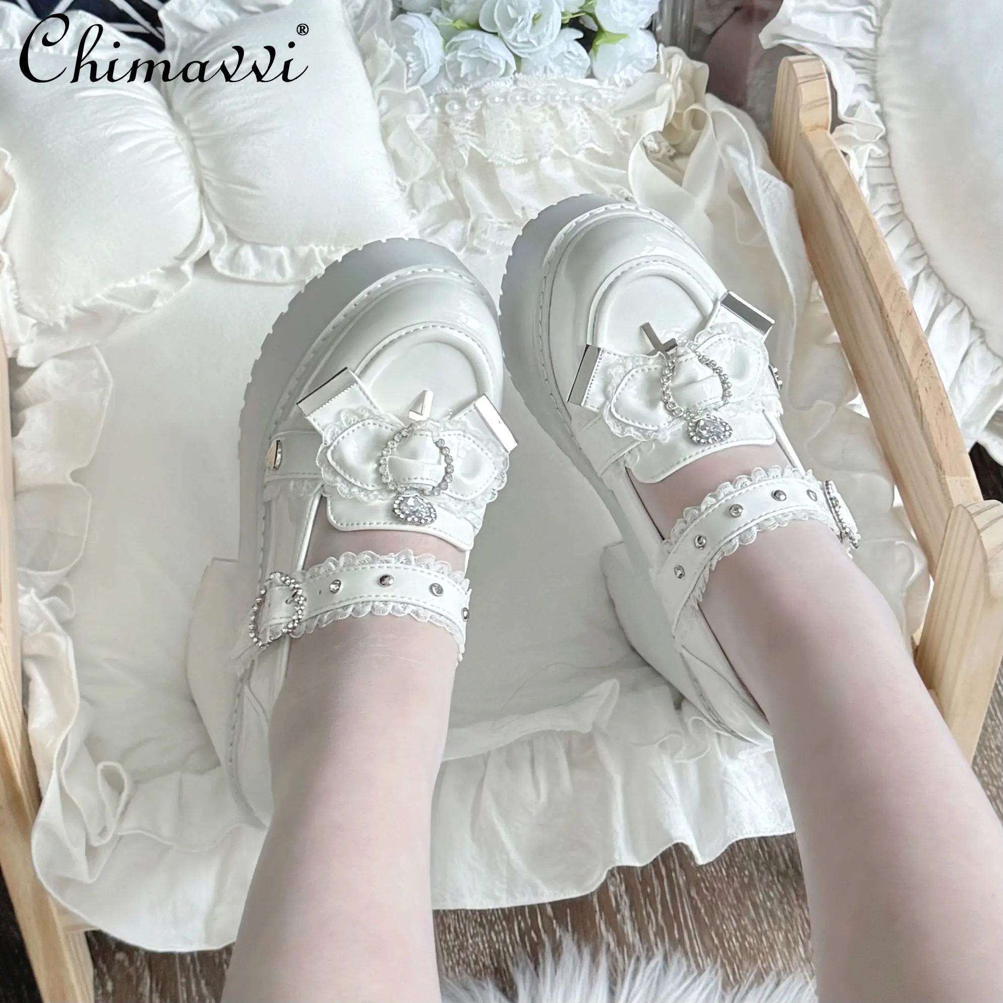 

Original Japanese Style Mine Series Cute Bow Lace White JK High Heels Mass-Produced Subculture Girl Versatile Mary Jane Shoes